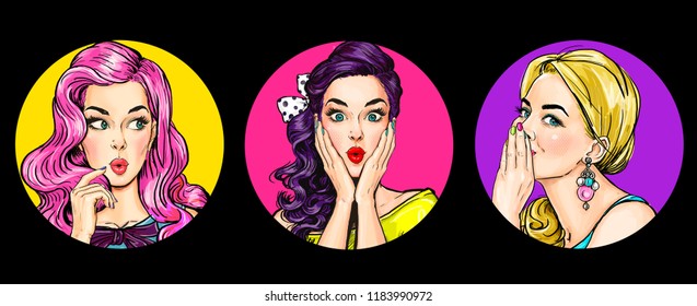 Set of amazed women in pop art style.Gossip girls with wow face. Advertising poster of sale or discount with sexy club girls.