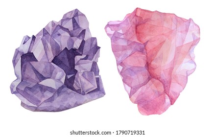 Set Amethyst And Rose Quartz Mineral Watercolor Drawing Isolated On White. A Precious Stone. Art Creative Purple Object For Sticker, Postcard, Packaging, Background Wallpaper