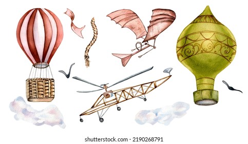 Set Of Ancient Airplanes, Hot Air Baloon Watercolor Illustration Isolated.