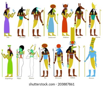 A Set Of Ancient Egyptian Gods And Goddesses Illustrations