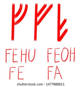 Set of ancient runes. Versions of Fehu rune with German, English and Old Scandinavian titles. Rune Fehu Feoh Fe, symbol of money, wealth, prosperity. Senior futark. Ancient occult symbols.