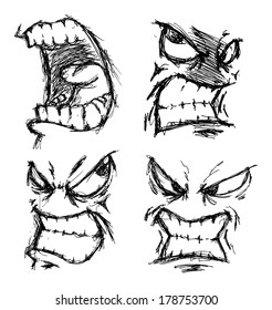 set angry face doodle