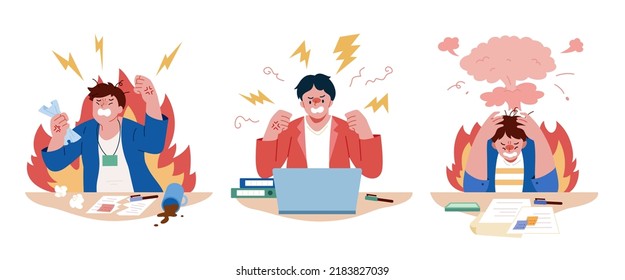 Set Of Angry, Frustrated And Chaotic Characters At Workplace. Flat Illustration Of Businessmen Sitting At Their Desk With Anger.