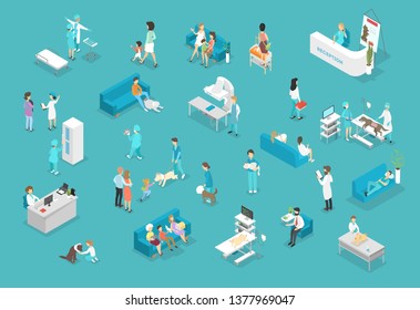 Set of animals and doctors in veterinary clinic. Animal treatment. Doctors and sick pets. Isolated isometric  illustration