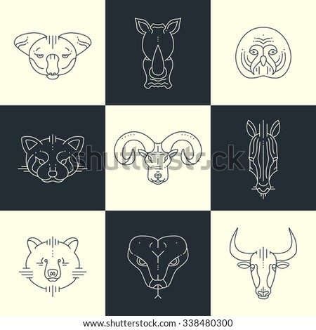 Set of animals linear flat icons, labels, illustrations for your design