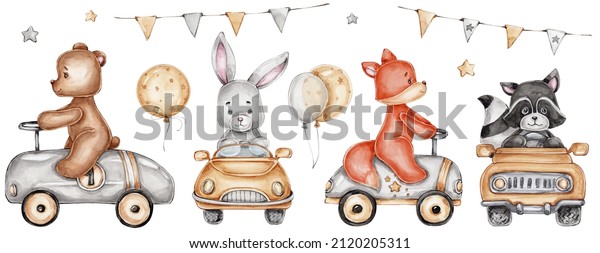 Set with\
animals on cars, balloons and garland; watercolor hand drawn\
illustration; with white isolated\
background