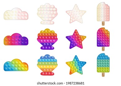 Set Of Antistress Toys Fidget Sensory Pop It Ice Cream, Star, Sea Shell, Cloud.  Multicolored Shiny Toys. Rainbow Colors, Pearl Colors.