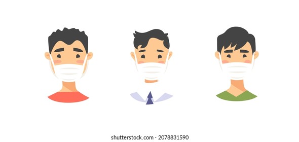 Set Of Asian American Male Characters. Cartoon Style Masked People Icons. Isolated Guys Avatars. Flat Illustration Protected Men Faces. Hand Drawn Drawing Safe Boys Portraits