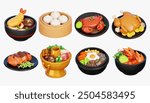 Set of Asian food isolated on white background. Asian dish with tempura udon, dimsum, tonkatsu, shabu, Chinese hot pot, Bibimbap and Tom Yum Kung. Gourmet delicious food icon. 3d rendering.