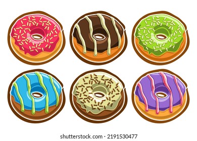 Set Of Assorted Donuts, Lot Collection Of 6 Cut Out Illustrations Of Diverse Colorful Decorated Donuts Or Doughnuts, Set Of Many Delicacy Baked Goods For Cafe Menu On White Background