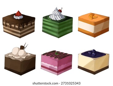 Set of assorted square cake desserts in different flavors, including chocolate, pandan, orange, berry, and cream cakes. Detailed digital illustration isolated on white, ideal for menu or food assets.