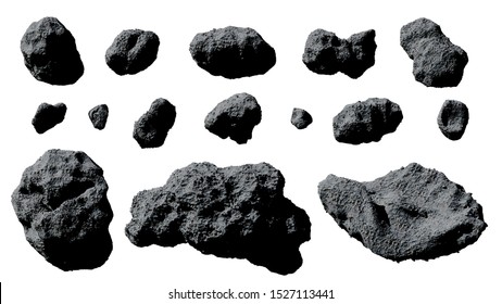 set of asteroids isolated on white background (3d space illustration)
