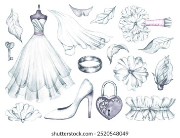 A set of attributes and a bride's outfit. A white wedding dress on a mannequin, a veil, a slipper and a garter, a bride's bouquet flowers and an engagement ring. A watercolor illustration made by hand - Powered by Shutterstock