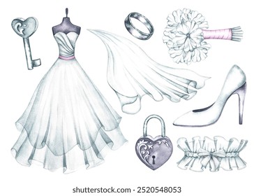 A set of attributes and a bride's outfit. A white wedding dress on a mannequin, a veil, a slipper and a garter, a bride's bouquet and an engagement ring. A watercolor illustration made by hand. - Powered by Shutterstock