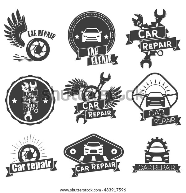Set of auto\
service labels in vintage style. Car repair shop banners. Mechanic\
service tools isolated on white background. Design elements,\
emblems, badges, logo and\
icons.