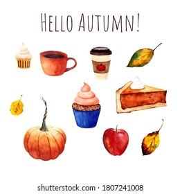 Set Autumn Elements: Leaves, Pumpkin, Cupcake, Pumpkin Pie, Apple, Coffee. Watercolor Illustration