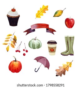 Set Autumn Elements: Rubber Boots, Umbrella, Apple, Leaves, Berries, Pumpkin, Cupcake. Watercolor Illustration