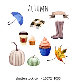 Set Autumn Elements: Rubber Boots, Umbrella, Leaf, Pumpkin, Cupcake. Watercolor Illustration