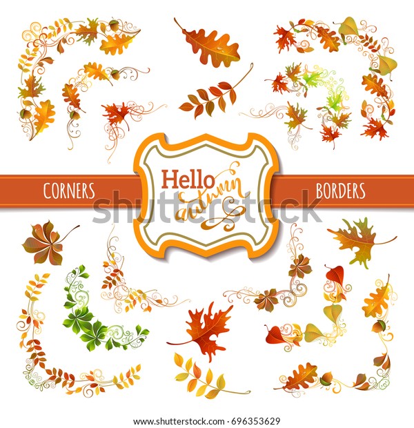 Set\
of autumn leaves design elements. Corners, page decorations and\
dividers. Swirls and flourishes. Isolated on white background. Oak,\
maple, chestnut leaves and acorn. Badge and\
ribbon.