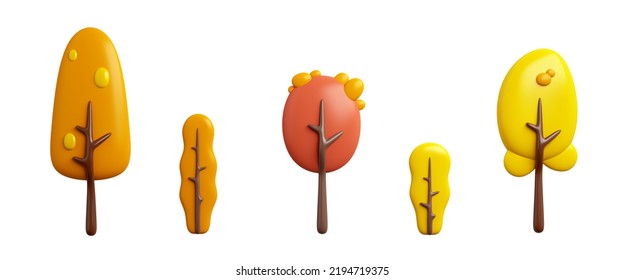 Set Of Autumn Trees Cartoon Style Isolated On White Background, 3d Rendering Illustration