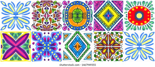 Set of Aztec Outline Arabesque. Reprint Spanish Geometric. Azure and Red color. Aquarelle Orange color Arabesque. Dashiki Element Ceramic.