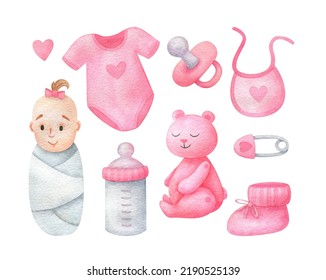 A set of baby girl birth clip art, a swaddled newborn, a pink teddy bear toy, a pacifier, a bottle, booties, a bodysuit, a pin. Cute watercolor illustrations of baby shower - Powered by Shutterstock