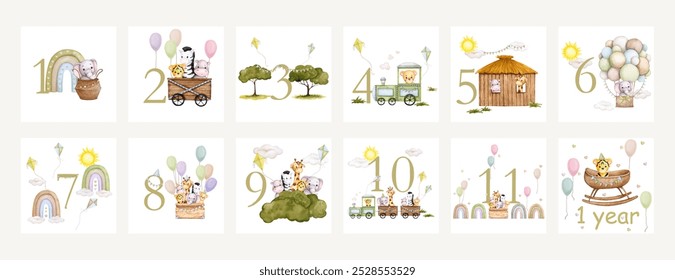 Set of of baby milestone cards. 12 months. Newborn boy or girl. Watercolor baby month anniversary card. Capture all the special moments of little oneâ€™s in their first year. One year old child.
 - Powered by Shutterstock