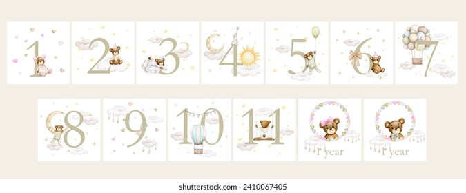 Set of of baby milestone cards in pastel colors. 12 months. Newborn boy or girl. Watercolor baby month anniversary card. Capture all the special moments of little ones in their first year. One year.  - Powered by Shutterstock