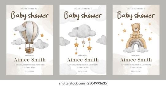 Set of baby shower invitation. Greeting card with teddy bear, Hot Air Balloon, clouds and stars. New born celebration. Template of newborn's party invitation. Watercolor hand drawn illustration. - Powered by Shutterstock