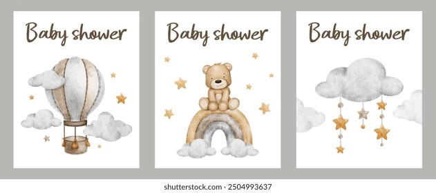 Set of baby shower invitation. Greeting card with teddy bear, Hot Air Balloon, clouds and stars. New born celebration. Template of newborn's party invitation. Watercolor hand drawn illustration. - Powered by Shutterstock