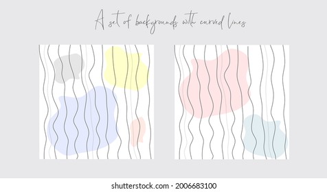 A set of backgrounds with curved lines. Curved lines. Visual illusions. Curvature. Minimalism. Background of lines. Linear style. Colors and lines.