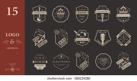 Set of  badges and logos of rock music and rap classical music, electronic music and disco. The collection of symbols and emblems for printing T-shirts, festivals and parties. Raster version.