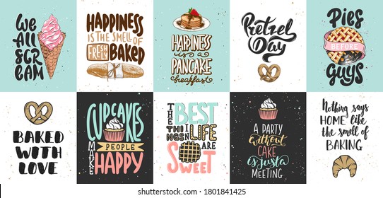 Set of bakery and sweet food, desserts lettering posters, greeting cards, decoration, prints. Hand drawn typography design elements. Handwritten lettering. Modern ink brush calligraphy. - Powered by Shutterstock