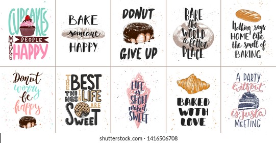 Set of bakery and sweet food lettering posters, greeting cards, decoration, prints. Hand drawn typography design elements. Handwritten lettering. Modern ink brush calligraphy.  - Powered by Shutterstock