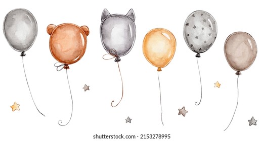 Set and balloons   stars; watercolor hand drawn illustration; and white isolated background