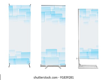 Set of banner stand display with blue touch screen interface background. (Save path for design work)