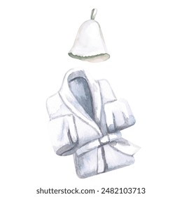 Set of bathrobe and bath cap in watercolor illustration on a white background. Hand-drawn illustration for advertising spa treatments, swimming pools, sauna, bathhouse, hammam - Powered by Shutterstock