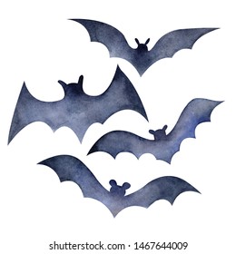 Set of bats in watercolor. Stylized dark silhouette Hand drawn. Object isolated on white background. Attributes for Halloween. Nocturnal animal.