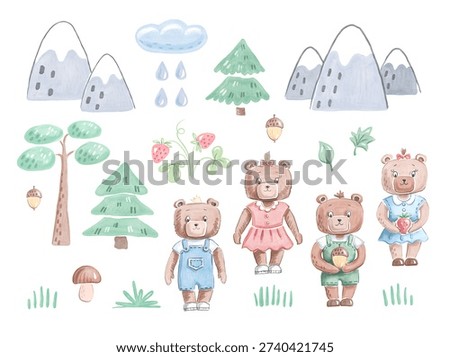 Set of bears, mountines and forest elements 