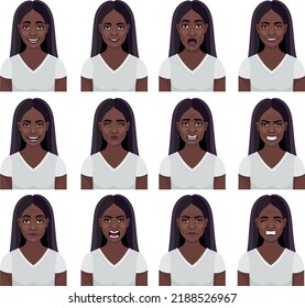 Set Of Beautiful Black Woman Facial Expressions.