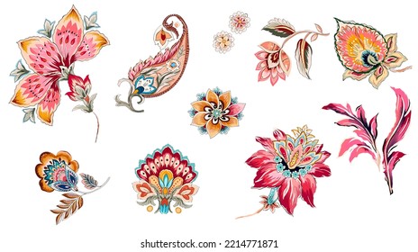 Set of beautiful isolated ethnic flowers and leaves illustration. Paisley cashmere. Floral elements colorful plants and branches. White color background.