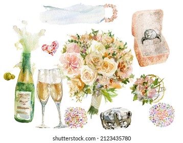 Set Beautiful Romantic Wedding Objects Flowers Stock Illustration ...