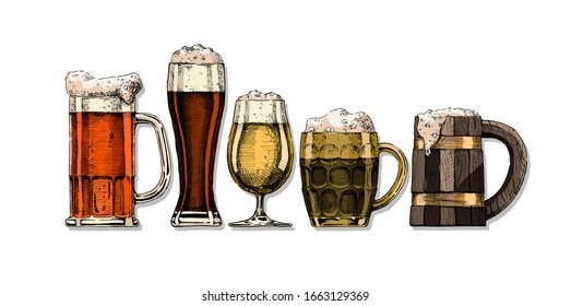 set of beer glasses and mugs in ink hand drawn style. Color illustration isolated on white. - Powered by Shutterstock