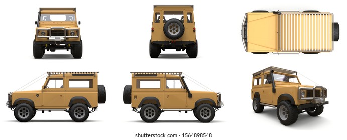 Set beige old small SUV tuned for difficult routes and expeditions. 3d rendering.