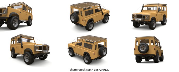 Set beige old small SUV tuned for difficult routes and expeditions. 3d rendering.