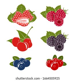Set of berries icons on a white background. Strawberries, raspberries, blackberries, blueberries, cherries, cranberries. illustration.