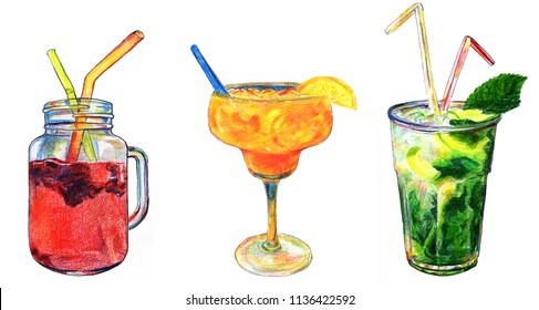 Set Of Beverages In Watercolor: Raspberry Fresh Juice, Beach Orange Ice Cocktail And Ice Mojito With Mint And Straw.