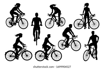 A set of bicycle cyclists riding their bikes in silhouette