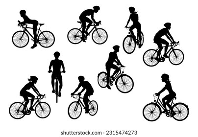 A set of bicyclists riding bikes and wearing a safety helmet in silhouette - Powered by Shutterstock