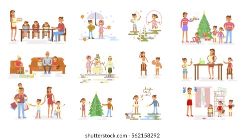 Set Of Big Family Portrait. Parents And Grandparents With Son, Daughter And Baby.  Child Plays Outside. Mom And Dad With Kids Have A Dine. And Others. Flat Illustration. Rastered Copy